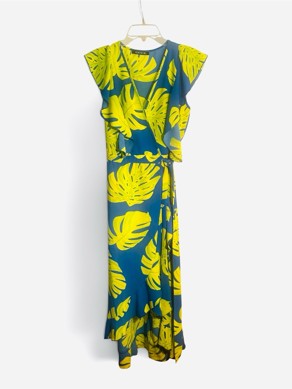 Vertiche Tropical Leaf Blue & Yellow Maxi Wrap Dress
